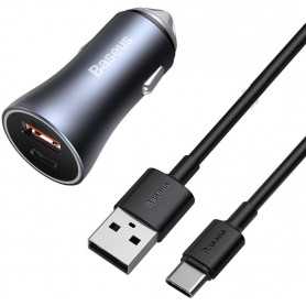 Ładowarka samochodowa Baseus Golden Contactor Pro, USB + USB-C, QC4.0+, PD, SCP, 40W (szara) + kabel USB do USB-C 1m (czarny)