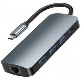 Hub USB-C 9w1 Remax Retor Series RU-U91, 3x USB 3.0, USB-C, RJ45, HDMI, 3.5 mm, SD/TF (szary)
